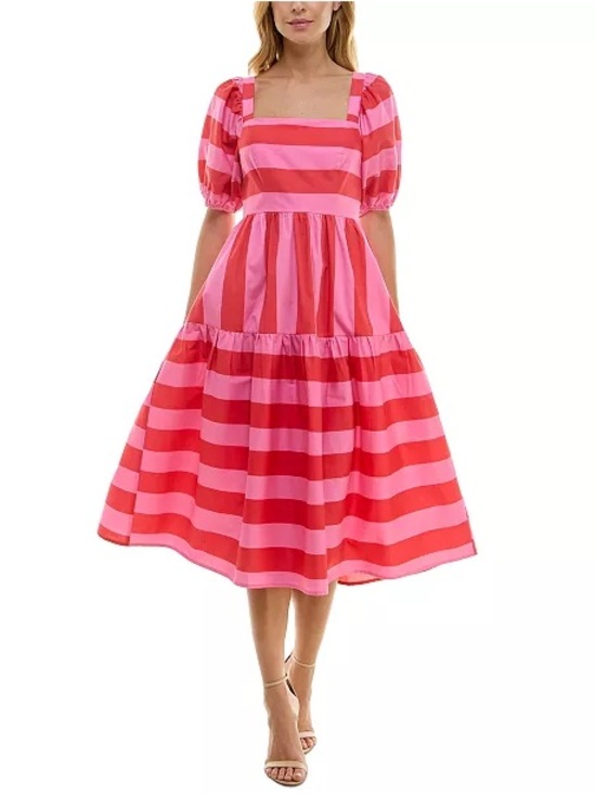 Crystal Doll Dresses & Skirts - Crystal Doll Pink Red Stripe Puff Sleeve Midi Dress Cottagecore Size Small